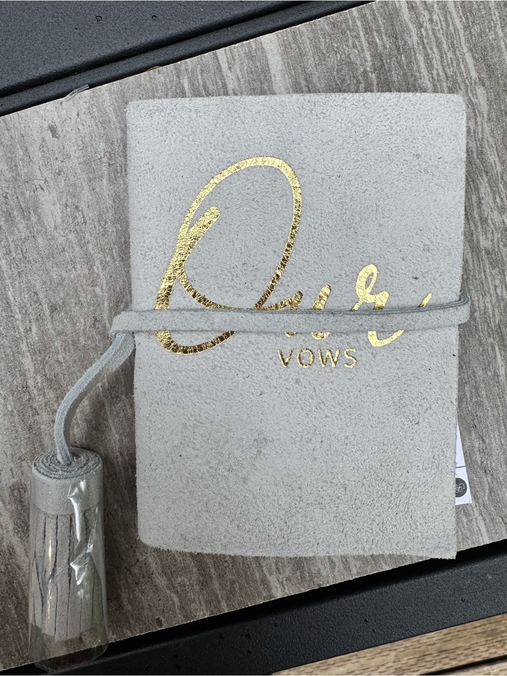 Our Vows Grey Suede Wrap Journal with Gold Foil Accent
